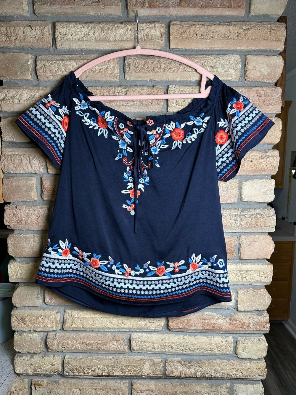 Parker Navy Off-Shoulder Top with Orange and White Floral Embroidery